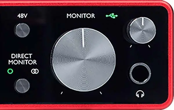 Image of a Focusrite 2i2 Direct Monitor Monitor button set to MONO