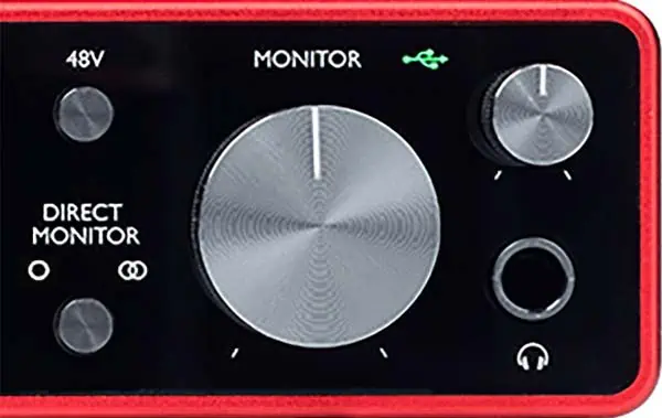 Image of a Focusrite 2i2 with Direct Monitor button set to OFF