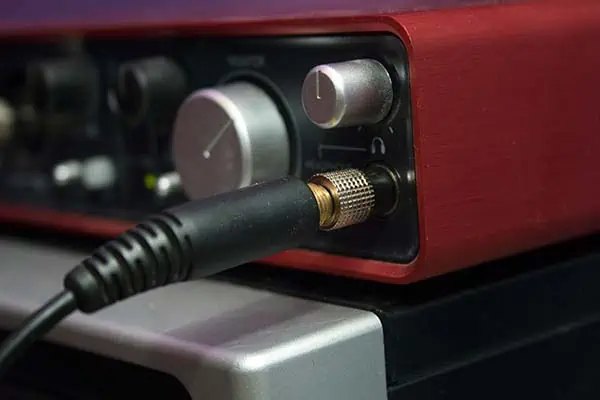 Headphone jack connected to a Focusrite Scarlett audio interface