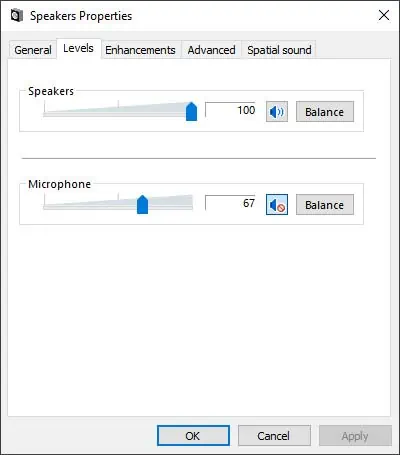 Speakers Properties panel in Windows sound settings with the microphone muted