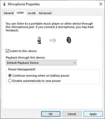 Microphone Properties panel in Windows sound settings