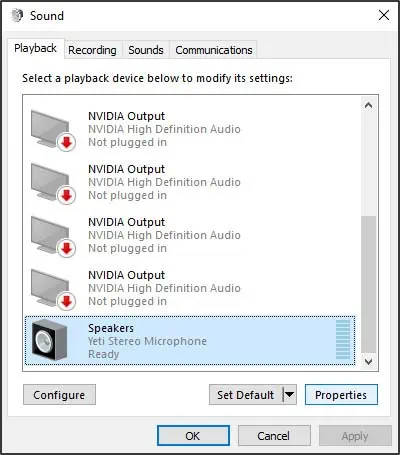 Playback devices panel in Windows Sound settings