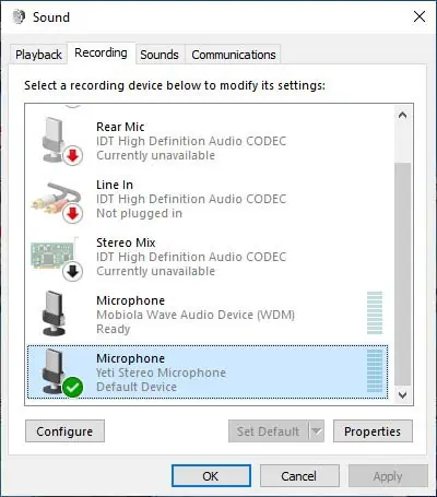 Recording device tab in Windows sound settings