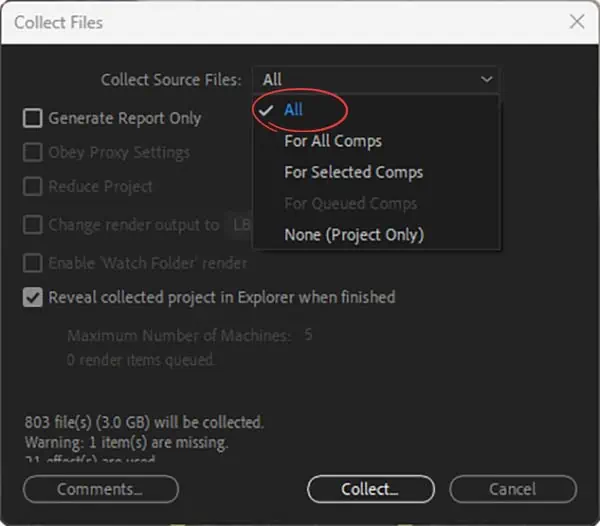 Step 2 - Select "All" in the Collect Source Files window