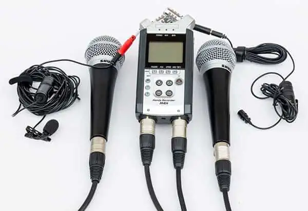 Zoom H4n with 2 XLR and 2 Lav mics plugged in