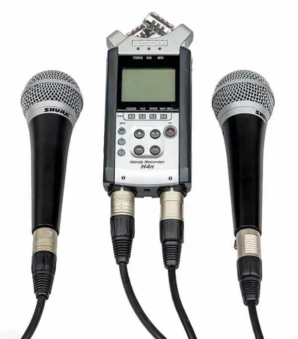 2 XLR microphones plugged into Inputs 1 and 2 of Zoom H4n