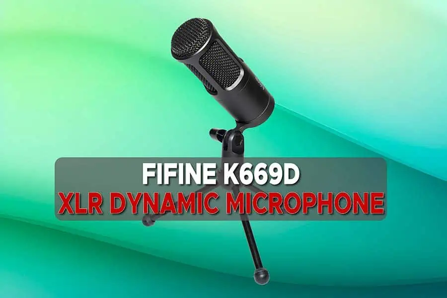 Image of the FFifine K669D XLR dynamic microphone mounted on its tripod stand