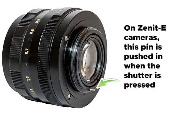 The aperture blades would only shut down to the preselected value when the camera’s shutter was pressed. This was done by the camera pushing the pin on the base of the lens when the shutter button was pressed.