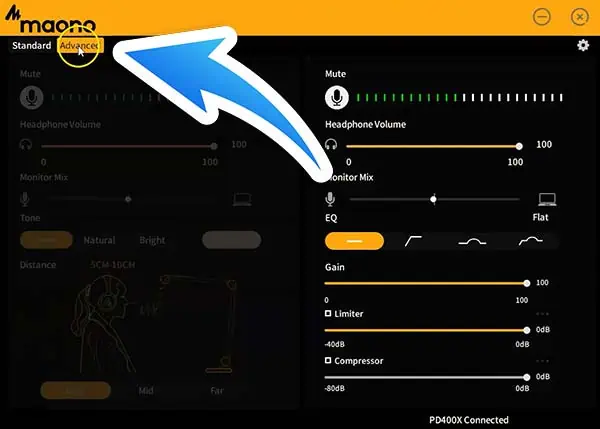 Clicking on the Advance button to chance to the Advanced panel in the Maono-Link Software