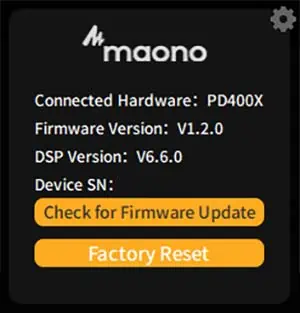 Panel where you can check for firmware update