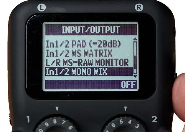 Zoom H5 recorder menu display showing the "In1-2-Mono-Mix" option