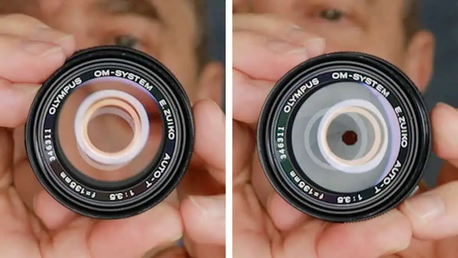 OM Zuiko 135mm Lens aperture fully open and closed down to f22