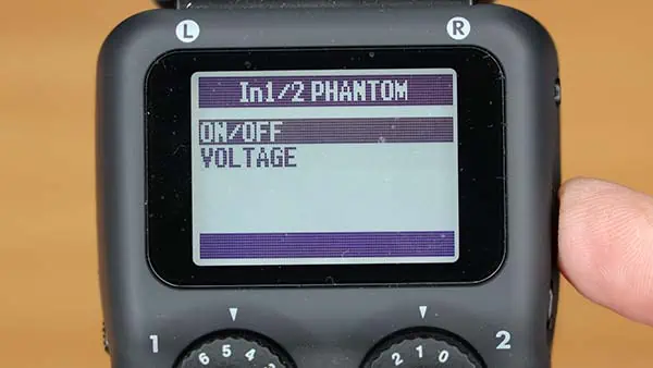 Does the Zoom H5 have phantom power - Step 6 - On the In 1/2 PHANTOM screen, select ON/OFF and press the scroll button.
