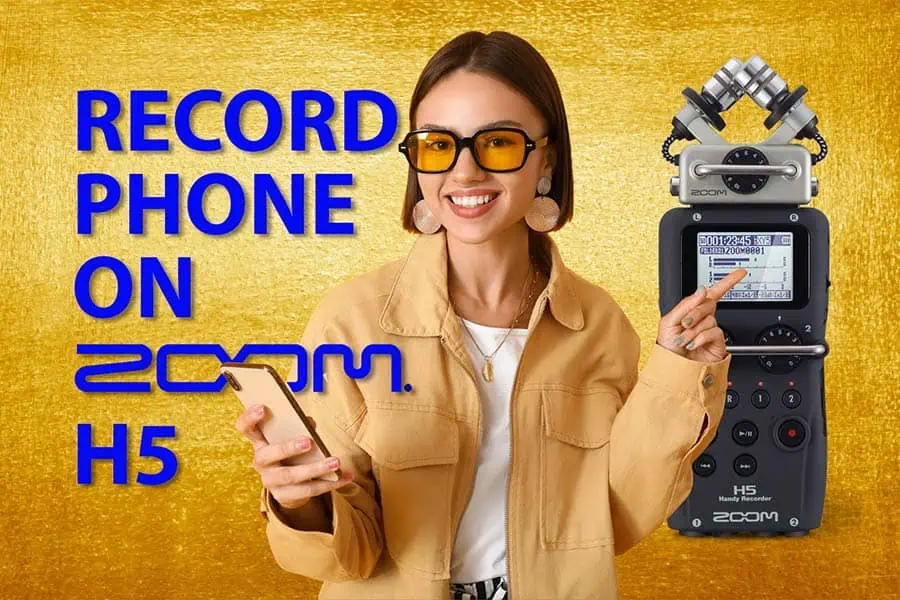 Featured Image for Upgrade-Your-Phone-Recordings-How-to-Use-Zoom-H5-for-High-Quality-Audio, showing a woman holding a phone and pointing to the H5 recorder